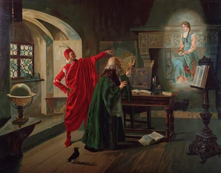 Marguerite, Faust en Mephisto. Scène uit Faust door Charles Gounod (1818-1893). circa 1900.