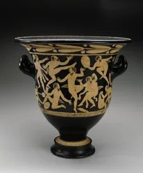 Wit-figuur Bell Krater met dansende saters, 400-351 v.Chr.