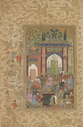 Babur ontvangt een hoveling, los folio uit een verspreide kopie van Baburnama (Tuzuk-i Baburi) door Zahir-al-Din Muhammad Babur, ca. 1580-85