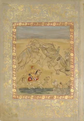 Jahangir kijkt naar een olifantengevecht, ca. 1605
