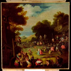 Pygmeeën op een kermis, water halen uit een put op de voorgrond en kijken naar theatervoorstellingen daarachter