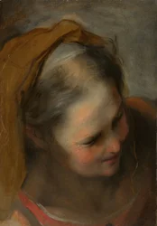 Hoofd van een oude vrouw die naar rechts kijkt