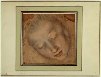 Vrouwenhoofd met vaste ogen Tekening met bloed en houtskool door Federico Barocci genaamd Le Baroche (1526-1613). Parijs, Louvre Museum