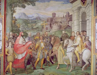 Karel V (1500-58) met Alessandro Farnese (1546-92) in Worms, uit de 