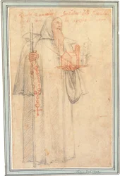 Fra Stefano, procurator van de Camaldolieten in Vallombrosa, als Sint Romuald, met een model van een kerk en een rozenkrans, 1577