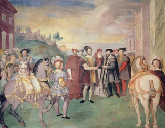 De wapenstilstand van Nice tussen Frans I en keizer Karel V in 1538, in het midden paus Paulus III Farnese, gekozen in 1534