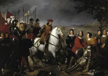 Spaans: El Gran Capitán recorriendo el campo de la batalla de Ceriñola Gonzalo Fernández de Córdoba bij de slag om Cerignola
 of Spaans: El Gran Capitán después de la batalla de Ceriñola encuentra el cadáver de Luis de Armagnac Gonzalo Fernández de Córdoba
