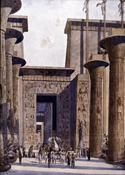 Reconstructie van de Tempel van Amon. Illustratie door F. Hoffebauer. 19e eeuw.