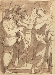 Allegorie op gerechtigheid (pen en bruine inkt met violet-bruin gewassen over zwart krijt op velijnpapier)
