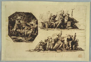 Bacchus, Apollo en Mnemosine; Minerva met Trofeeën