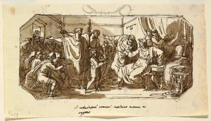 Plafondontwerp: Romeinse Ambassadeur Vraagt de Sabijn Numa Pompilius om over Rome te Regeren, Sala di Numa Pompilio, Palazzo Milzetti, Faenza