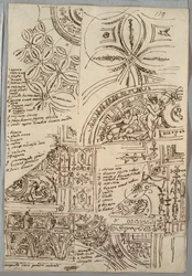 Decoratieve studies van plafonds met grotesken; studies van monument met pauselijk zegel, Sisto V