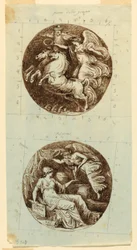 Tekening, Een gevleugelde overwinning op een strijdwagen; Een gevleugelde overwinning die Minerva kroont; twee rondellen, ca. 1805