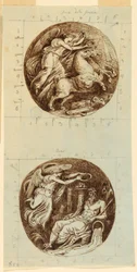 Tekening, Een gevleugelde overwinning op een strijdwagen; Een gevleugelde overwinning die een riviergod kroont, Reno; twee rondellen, ca. 1805
