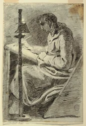 Tekening, Een kunstenaar tekent bij lamplicht, 1800-1820