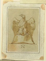Tekening, Project: Adelaar afgebeeld, met omgekeerde vleugels, staand op een Franse bicornehoed, ca. 1800