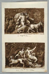 Tekening, blad uit een schetsboek: Triomf van Silenus en Triomf van Bacchus en Ariadne, 1800-1802