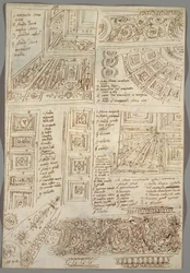 Vier Decoratieve Studies van Plafonds; Verso: Anatomische Studies