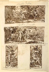Vier tekeningen van de mythe van Apollo; Decoratie van een muur boven een schouw, Sala di Apollo, Palazzo Cavina, Faenza