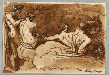 Vier Figuren met een Geit, op Wolken, Studie na Rubens