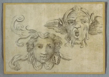 Masker met krans en oren; Masker met baard en oren van satyr