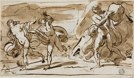 Polyphemus Gooiend met Rotsblokken naar de Vluchtende Aeis en Galatea (recto); Polyphemus Speelt Zijn Rietfluit voor Galatea (verso)
