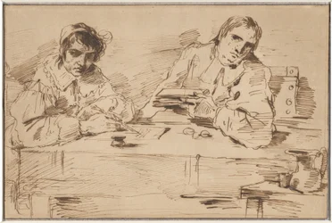 Zelfportret schrijvend met een metgezel