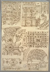 Zeven Studies van Vierhoekige Plafonds; Verso: Twee Anatomische Studies van Armen
