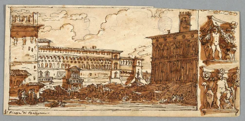 Schetsboekpagina, Folio 57: Studie na Piazza Emmanuelle in Bologna; Verso, architectonisch detail