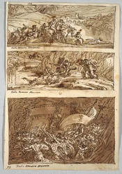 Schetsboekpagina, Folio 95: Drie schilderijen na Giulio Romano; Verso: Leeuw en Adelaar