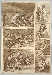 Schetsboekpagina: Studies naar Schilderijen in Ferrara, Rome, Bologna, Mantua naar Kunstenaars Tibaldi, Raphael, Andrea del Sarto en Polidoro; Verso: Vogelskelet en Paardenhoofd