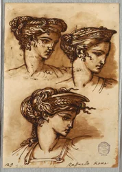 Drie studies van een hoofd met diadeem en gevlochten haar, naar Raphael
