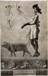 Pornokrates (naakte vrouw, geblinddoekt, omringd door engelen en een varken aan een lijn houdend) - tekening van Félicien Rops (1833-1898)