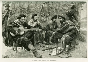 Een payador, duel in verzen van wandelende zangers. Gravure door Myrbach, ter illustratie van het verhaal 