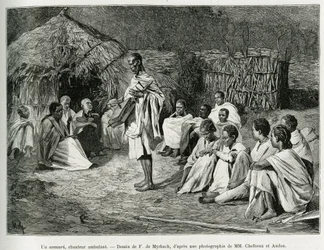 Een asmari, een wandelende zanger. Gravure door F. De Myrbach, naar een foto, ter illustratie van het verhaal 