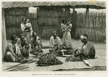 Inheemse mensen maken tabak. Gravure door Myrbach ter illustratie van het verhaal 