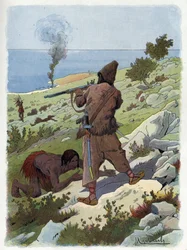 Robinson Crusoe doodt de wilden die Vrijdag achtervolgen