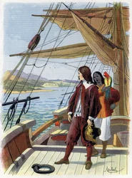 Robinson Crusoe verlaat zijn eiland - Illustratie door Felician MYRBACH MYRBACH RHEINFELD (1853-1940) Voor het boek van Daniel Defoe Robinson Crusoe. Geen datum. Rond 1934