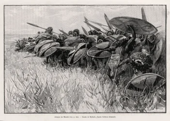 De aanval van de Massais. Gravure door Myrbach ter illustratie van het verhaal 