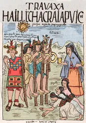 Inca-rijk: het begin van het veldwerk in augustus, de gelegenheid van een groot volksfeest waaraan ook de edelen deelnamen - Inkttekening uit het manuscript 