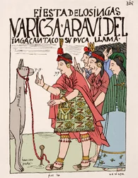 Inca Rijk: het offer van een lama bij een Inca-ritueel - Inkttekening uit het manuscript 