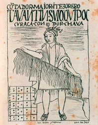 Inca-man die een quipu vasthoudt: een boekhoudsysteem met touwen en knopen (inkt tekening)