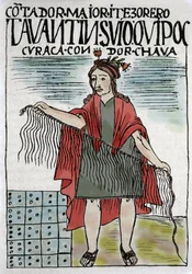 Quipu (Quipo Quipou) Inca boekhoudsysteem in touw en knopen, Inca cultuur 1400-1532 AD, manuscript door Felipe Guaman Puma de Ayala (Nueva Coronica y buen Gobierno), Indiaanse columnist van de 16e eeuw.