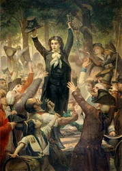 Camille Desmoulins (1760-1794) hitste de patriotten op in de tuinen van het Palais Royal. Eerste scène van de Franse Revolutie in Parijs: op 12/07/1789, na het ontslag van Jacques Necker door de koning, hitste Camille Desmoulins de menigte op in het
