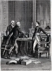 Eerste beraadslaging van de drie consuls in Peer-Luxembourg - Napoleon Bonaparte, Emmanuel Joseph Sieyes en Pierre Roger-Ducos 1799 - Gravure door Barbant, naar Philippoteaux - Eerste Consulaat, 24 Frimaire VIII (15 december 1799), eerste vergadering van h