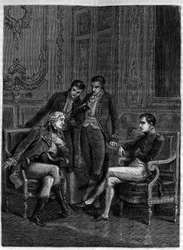 Jean Jacques Regis de Cambaceres (1753-1824) toont Bonaparte, toen Eerste Consul, en zijn broers Joseph en Lucien, zijn ingenieuze combinatie om Bonaparte tot Consul voor het leven te benoemen, ca. 1804