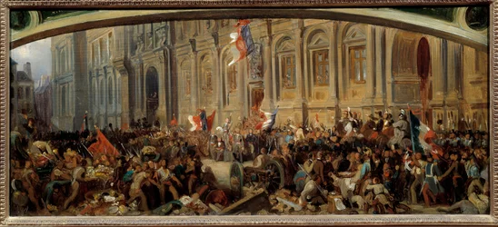 Revolutie van 1848: Alphonse de Lamartine (1790-1869), Franse schrijver en politicus, wijst de rode vlag af in het stadhuis op 25/02/1848