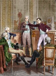 De Eerste Consul Bonaparte in gesprek met de wiskundige Gaspard Monge - Gesprek tussen Bonaparte, Eerste Consul, en Gaspard Monge (1746-1818) gravure door Felix Philippoteaux (1815-1884).