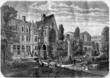 Het plein van het Palais des Thermes en het Hôtel de Cluny in Parijs in 1868 - Gravure naar een tekening van Felix de Thorigny
