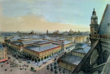 Gezicht op Les Halles in Parijs vanaf de bovenste galerij van Saint-Eustache, ca. 1870-80